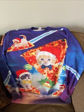 Men or women Holiday Pizza Cat Graphic Sweatshirt - Multicolor